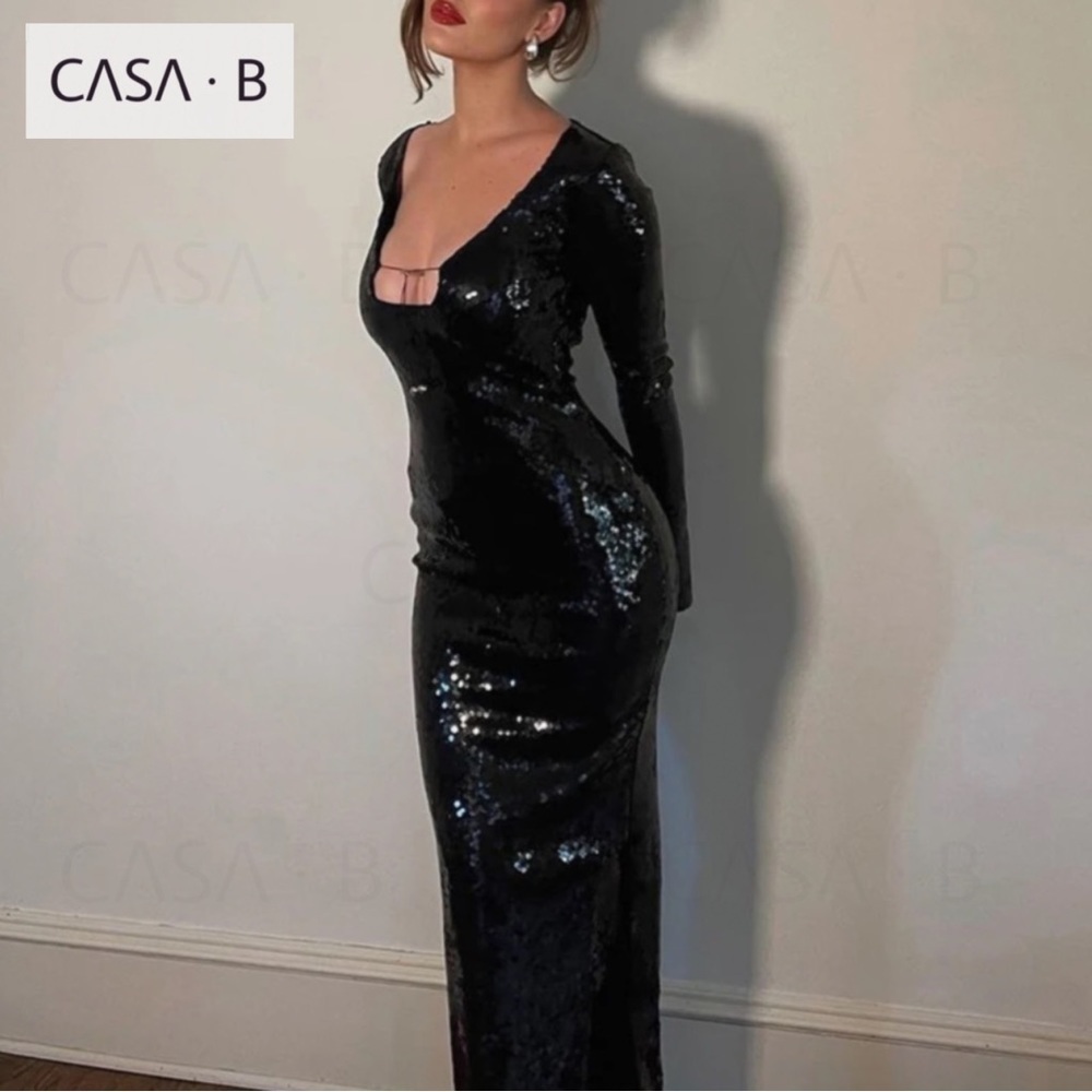 NEW💫CASA B| Paris Noir Enchanté Sequin Shimmer Long Sleeve Midi dress